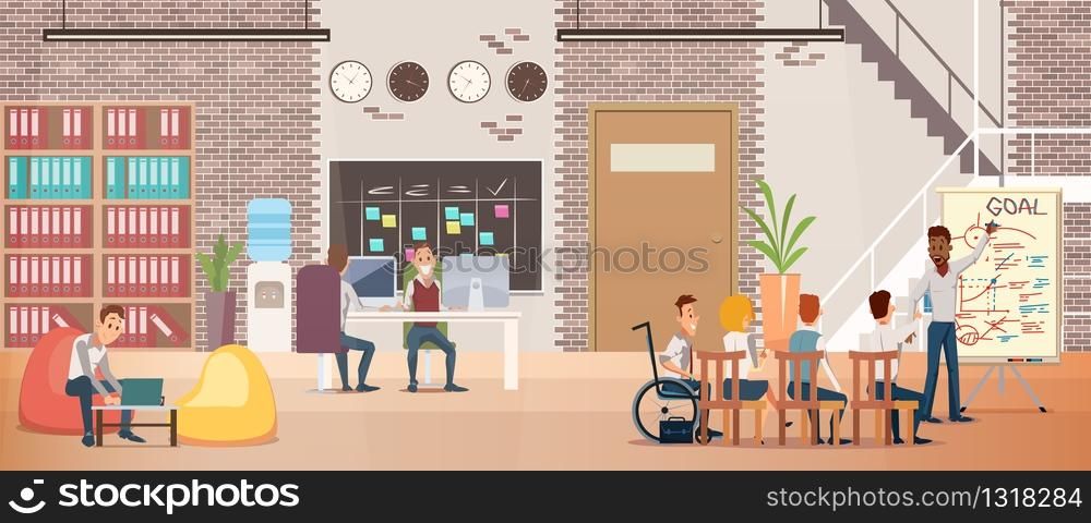 Work Opportunities for People with Disabilities Trendy Flat Vector Concept. Company Employee in Wheelchair Discussing and Planing Business Strategy on Meeting with Colleagues in Office Illustration