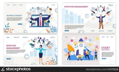 Work Optimization. Effective Management and Start New Project Theme. Cartoon Office People, Team Leaders and Staff Characters. Business Application. Flat Landing Pages Set. Vector Illustration. Business Landing Pages Set for Work Optimization