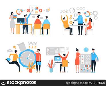 Work organization. Task management people productivity organize process efficiency vector stylized characters. Time management and organization, efficiency project, businessman planning illustration. Work organization. Task management people productivity organize process efficiency vector stylized characters