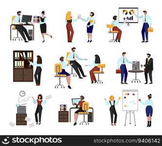 Work people characters. Men and women office groups. Minimal business scenes set. Computer monitor on desk. Colleagues behavior. Employees at coffee break. Company managers. Vector design illustration. Work people characters. Men and women office groups. Minimal business scenes set. Computer on desk. Colleagues behavior. Employees at coffee break. Company managers. Vector illustration