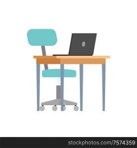 Work place, computer desk with open laptop, office chair on wheels, furniture for study room isolated vector. Table, chair and portable computer icons. Table, Chair and Portable Computer Isolated Icons