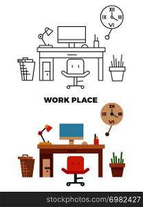 Work place concept - flat style and thin line style workplace interior modern, vector illustration. Work place concept - flat style and thin line style workplace
