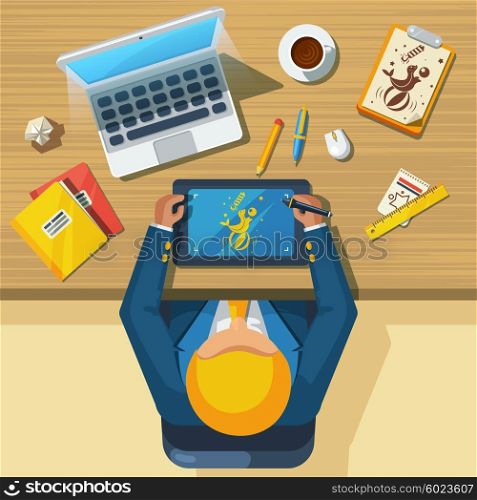 Work Place Designer Flat Icon Poster. Web graphic creative designer inspirational workplace top view flat icon with laptop computer tablet and accessories vector illustration
