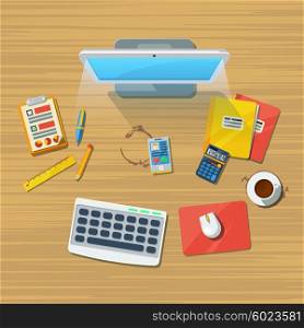 Work Place Office Flat Icon Print. Office clerical assistant workplace top view flat icon with desktop calculator and accessories wooden texture background vector illustration