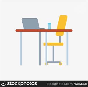 Work place with table, glass of water, notebook on desktop and chair on wheels isolated. Vector personal computer laptop, office furniture desk and seat. Work Place with Table, Glass of Water, Notebook