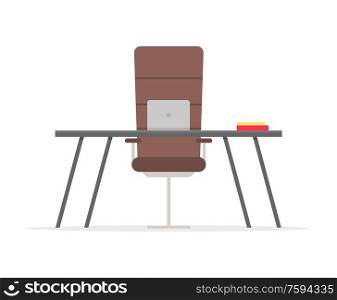 Work place with table, notebook on desktop and big chair isolated on white. Vector personal computer laptop, office furniture desk and seat, red book. Work Place with Table, Notebook on Desktop, Chair