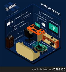 Work place with wireless devices including security system, satellite, radio, isometric composition on blue background vector illustration. Work Place Wireless Devices Composition