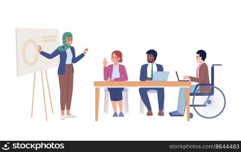 Work presentation semi flat color vector characters. Editable figures. Full body people on white. Inclusion in workplace simple cartoon style illustration for web graphic design and animation. Work presentation semi flat color vector characters