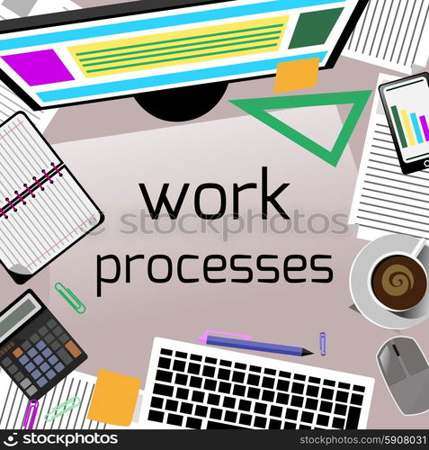 Work process concept with top view of office desk with keyboard, calculator, stationery and personal accessories of businessman