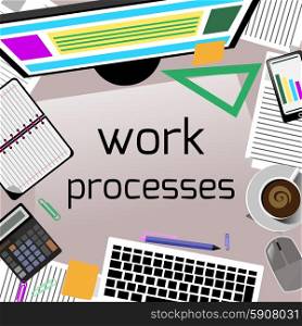 Work process concept with top view of office desk with keyboard, calculator, stationery and personal accessories of businessman