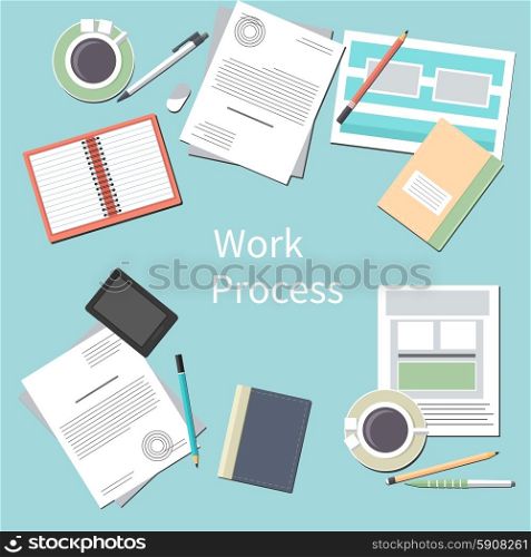 Work process concept with top view of office desk with smartphone, paper documents and personal accessories of businessman in flat design