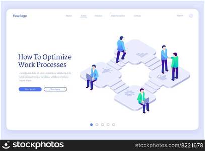 Work process optimization isometric landing page. Business productivity, cooperation, marketing strategy development, business people on stairs shaking hands, working on laptop, 3d vector web banner. Work process optimization isometric landing page