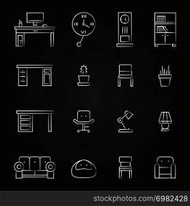 Work room furniture and accessories icons on chalkboard. Armchair and table. Vector illustration. Work room furniture icons on chalkboard