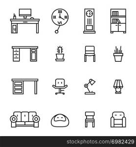 Work room furniture and accessories thin line icons. Collection of linear furniture. Vector illustration. Work room furniture thin line icons