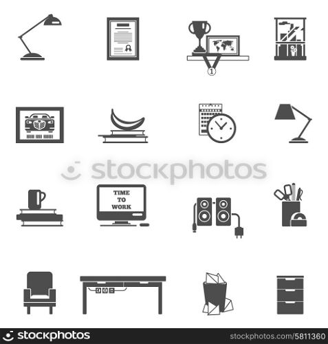 Work room interior icons black set with computer monitor table isolated vector illustration. Room Interior Icons