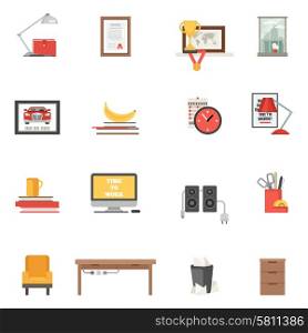 Work room interior single icons flat set isolated vector illustration. Room Single Icons