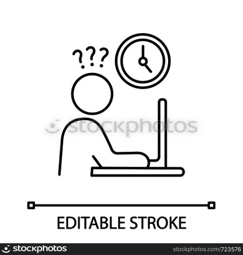 Work rush linear icon. Occupational stress. Thin line illustration. Lack of time. Overwork. Behavioral stress symptoms. Contour symbol. Vector isolated outline drawing. Editable stroke. Work rush linear icon
