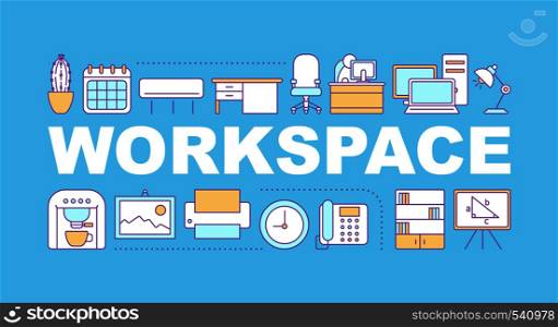 Work space word concepts banner. Office interior. Workplace. Furniture, appliance, decor. Isolated lettering typography idea with linear icons. Vector outline illustration. Work space word concepts banner