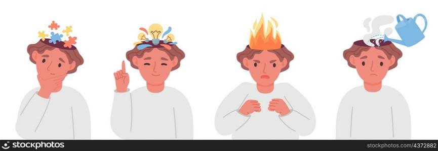Work stages, creative thinking, stress and burnout problem. Worker on pressure with head on fire. Mentally exhausted employee vector concept. Illustration of stage work, fatigue and overload. Work stages, creative thinking, stress and burnout problem. Worker on pressure with head on fire. Mentally exhausted employee vector concept