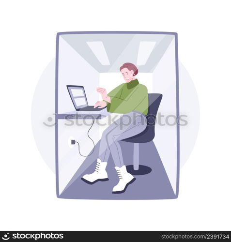 Work-station isolated cartoon vector illustrations. Young girl with laptop at her work station, business activity, smart office, modern and flexible workplace, conference booth vector cartoon.. Work-station isolated cartoon vector illustrations.