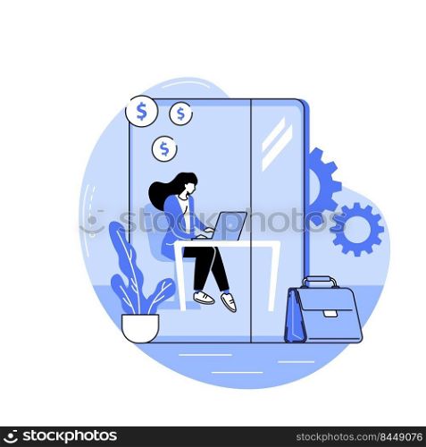 Work-station isolated cartoon vector illustrations. Young girl with laptop at her work station, business activity, smart office, modern and flexible workplace, conference booth vector cartoon.. Work-station isolated cartoon vector illustrations.