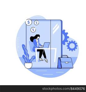Work-station isolated cartoon vector illustrations. Young girl with laptop at her work station, business activity, smart office, modern and flexible workplace, conference booth vector cartoon.. Work-station isolated cartoon vector illustrations.