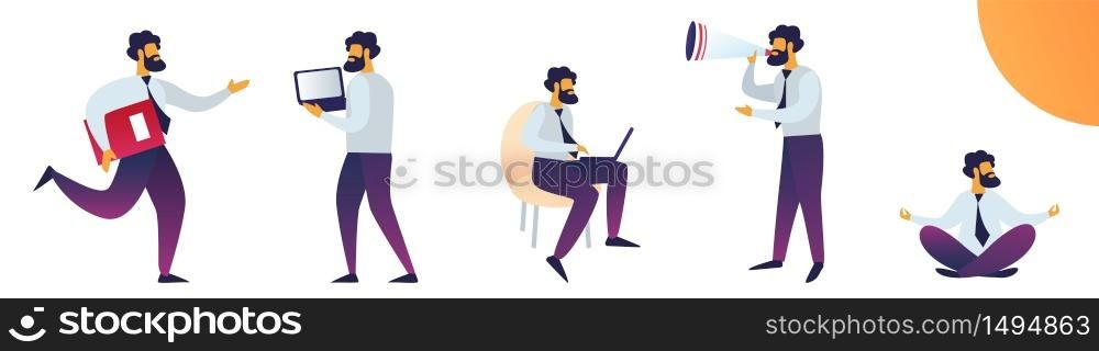 Work Stress and Mentality Vector Illustration. Man Works Hard and Tests Stress. Office Worker Sits on Floor and Meditates. Man Speaks into Loudspeaker. Cartoon Flat. Busy Schedule.