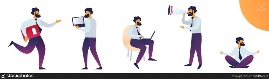 Work Stress and Mentality Vector Illustration. Man Works Hard and Tests Stress. Office Worker Sits on Floor and Meditates. Man Speaks into Loudspeaker. Cartoon Flat. Busy Schedule.