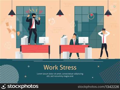Work Stress Flat Vector Banner Template. Angry Boss Standing on Desk, Arguing with Employee, Nervous Office Worker in Panic Because of Deadline Fail, Paperwork Mistake, Company Bankruptcy Illustration