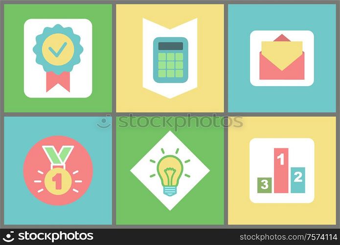 Work success, business strategies and accounting vector. Medal and calculator, envelope and medal, light bulb and pedestal, idea and messaging, goals. Business Strategies and Accounting, Work Success