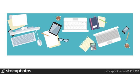 Work table document and laptop design flat. Office workplace interior, business table, workspace place, folder and document workspace, graph chart vector illustration