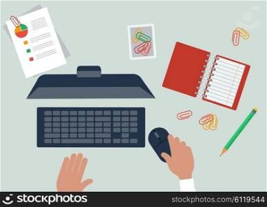 Work table document and laptop design flat. Work workplace office, office workplace, office interior, business table, workspace place, folder and document workspace, graph chart illustration