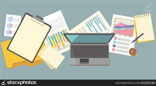 Work table document and laptop design flat. Workplace office, office interior, business table, workspace place, folder and document workspace, graph chart vector illustration