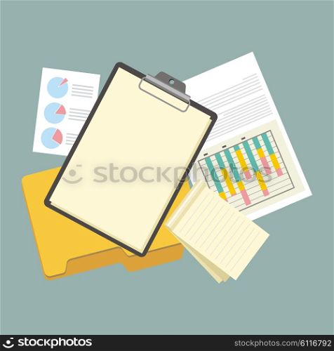 Work table tablet and document design flat. Work and tablet, workplace office, office workplace, business table, workspace place, page view top, creativity worktable, folder and document illustration