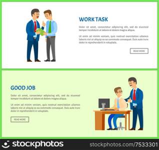 Work task and good job, company leader supervising new office worker vector. Director pleased with work of employee, praising and encouraging him. Work Task and Good Job, Company Leader Supervising