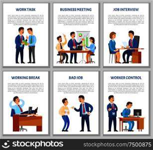 Work task and order of boss, job interview candidate vector. Break of chief executive relaxing on chair. Worker monitor supervising employee working. Work Task and Order of Boss, Job Interview Candidate