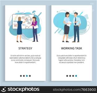 Work task and strategy planning vector, business women looking for plan to solve problem. Workers finding solution, team thinks about project. Website or slider app, landing page flat style. Strategy and Work Task, Planning and Discussion