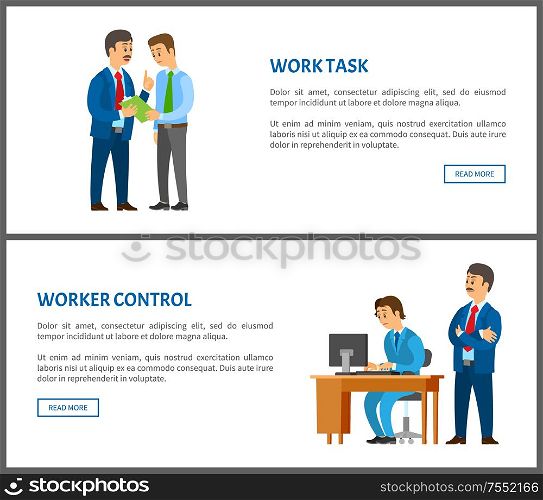 Work task and worker control, boss giving instructions to employee, conversation between colleagues. Leader supervising coworker, vector posters set. Work task and worker control boss give instruction