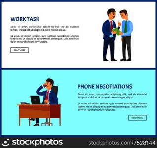 Work task from boss to employee and phone negotiations vector poster. Boss leader speaking on telephone, conversation with client in support center. Work Task from Boss to Employee and Phone Talk