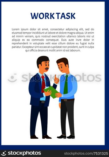 Work task vector poster. Company leader giving directions to young worker, executive boss and exhausted manager, partnership and collaboration in team. Work Task Vector. Company Leader Giving Directions