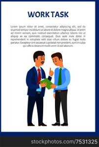 Work task vector poster. Company leader giving directions to young worker, executive boss and exhausted manager, partnership and collaboration in team. Work Task Vector. Company Leader Giving Directions