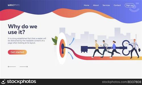 Work team running to aim. Leader, key, teamwork. Efficiency concept. Vector illustration can be used for topics like business, work, time management