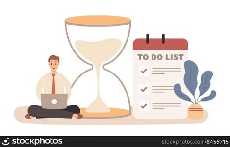 Work time activity strategy. Man sitting on floor and working with laptop near big hourglass and to do list. Employee planing work schedule, time management and deadline concept vector. Work time activity strategy. Man sitting on floor and working with laptop near big hourglass and to do list. Employee planing