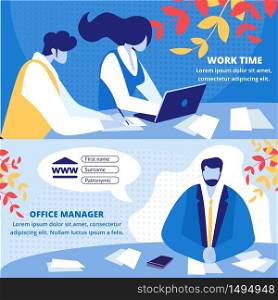 Work Time and Office Manager Horizontal Banners Set with Business People Sitting at Table with Laptop and Paper Documents, Man Working with Files. Corporate Relations. Cartoon Flat Vector Illustration. Work Time, Office Manager Horizontal Banners Set