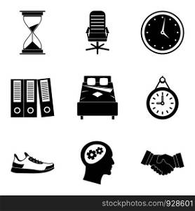 Work time icon set. Simple set of 9 work time vector icons for web design isolated on white background. Work time icon set, simple style
