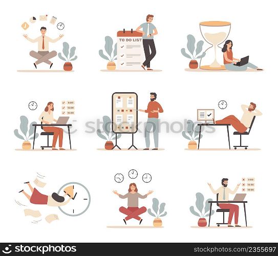 Work time management. Employees working according to schedule, creating to do lists, setting goals. Happy worker meeting deadline. Characters completing tasks effectively vector set. Work time management. Employees working according to schedule, creating to do lists, setting goals. Happy worker meeting deadline