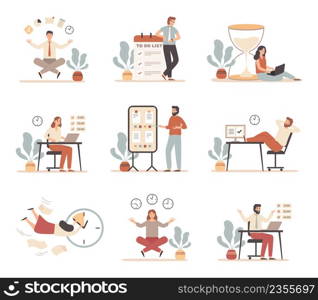 Work time management. Employees working according to schedule, creating to do lists, setting goals. Happy worker meeting deadline. Characters completing tasks effectively vector set. Work time management. Employees working according to schedule, creating to do lists, setting goals. Happy worker meeting deadline