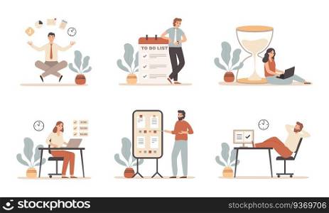 Work time management. Scheduling tasks, deadline strategy and office people working with laptop computer. It office productivity timing management. Flat vector isolated illustration icons set. Work time management. Scheduling tasks, deadline strategy and office people working with laptop computer flat vector illustration set