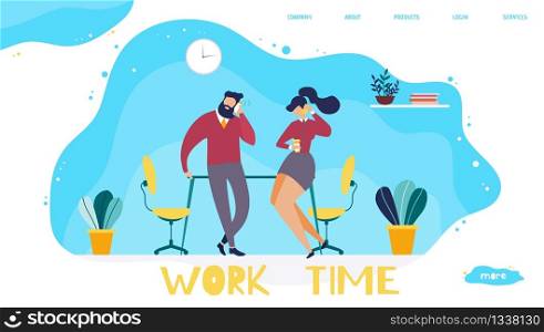 Work Time Organization in Office Landing Page. Coworking Open Space. Cartoon Employees Having Business Calls on Cellphone. People Resting and Communicating in Common Area. Vector Flat Illustration. Work Time Organization in Office Landing Page