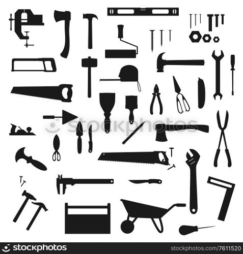Work tool, construction, home repair and carpentry vector silhouettes icons. Woodwork and DIY building tools, handyman equipment grinder and hammer, drill, ruler and screwdriver. Work tools, construction instruments silhouettes